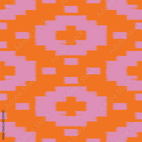 Seamless ikat pattern with pink elements on orange background.