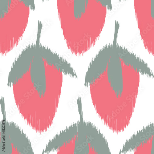 Seamless ikat pattern with strawberries on white background.
