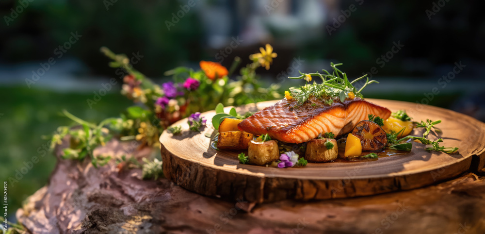 Smoky Grilled Salmon: A Delightful Harmony of Vibrant Greens and Subtle Elegance on Rustic Wood with space to text, copy space - Ai Generative Smoky Grilled Salmon: A Delightful Harmony of Vibrant Greens and Subtle Elegance on Rustic Wood with space to text, copy space - Ai Generative