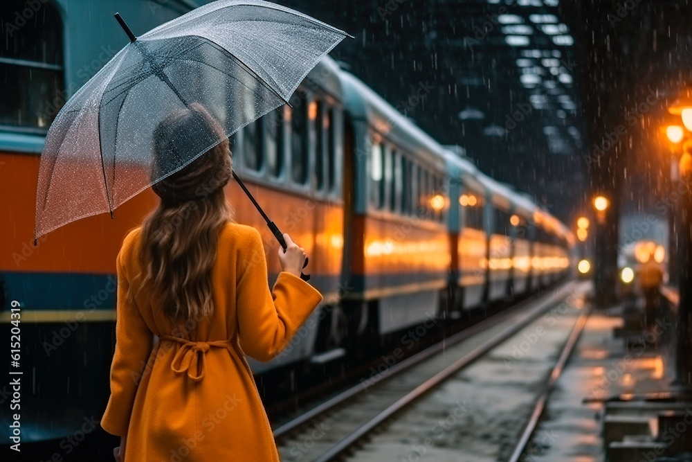 young woman at the station with umbrella in the rain young woman at the station with umbrella in the rain