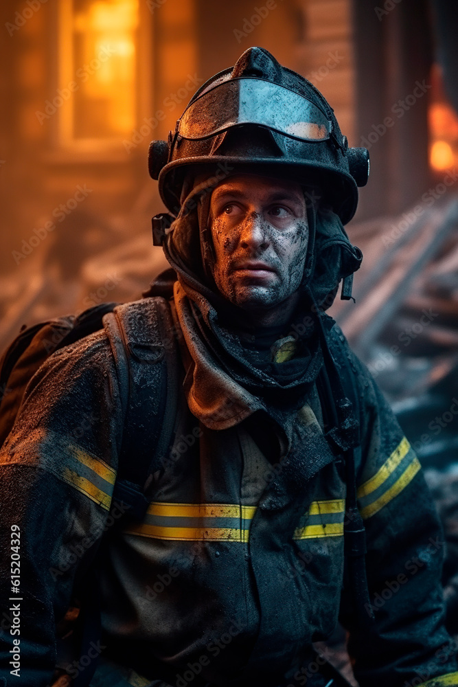 spectacular shot of firefighter coming out of the fire spectacular shot of firefighter coming out of the fire