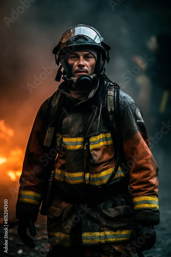 spectacular shot of firefighter coming out of the fire