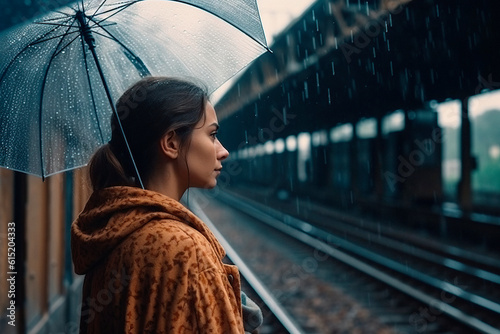 woman at the station with umbrella in the rain