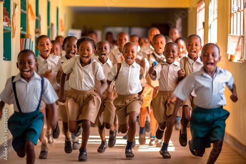children in african school running happily through the corridors photo