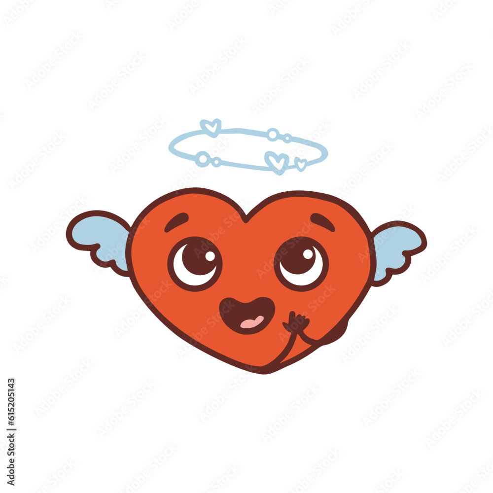 Fototapeta premium cute cartoon heart with angel wings and halo. Character in retro style. Vector illustration