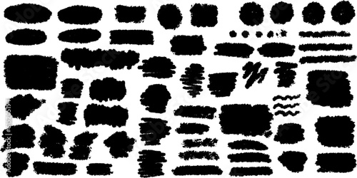 Grunge monochrome set of brush strokes, grainy texture, paint brush, prints, stripes, dots, stickers, silhouettes, spots, backgrounds, black elements for design. Big vector set of texture elements