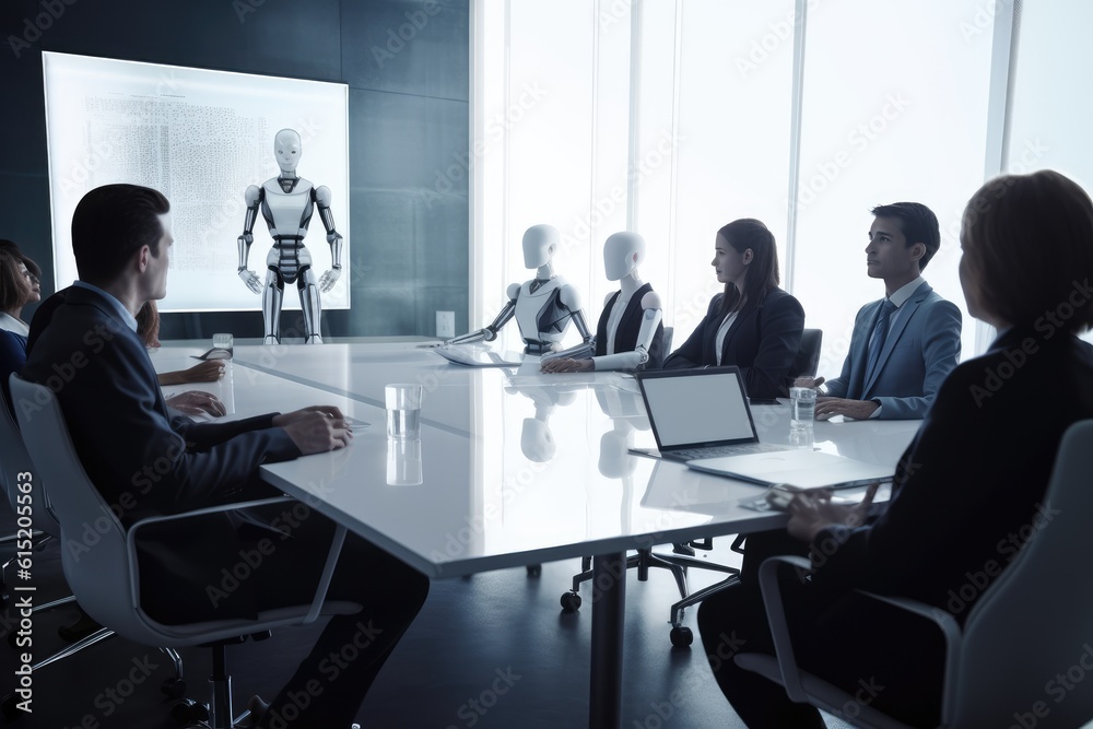 Group of business executives seated at a sleek, with a humanoid robot standing at the head of the table. Generative AI