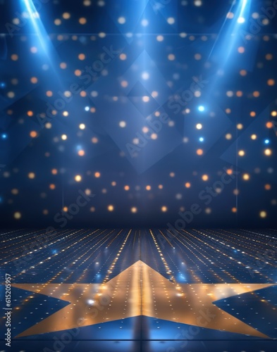 Stage with spotlight. Blue and gold lights stage with stars. 