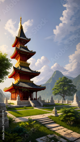 Panoramic temple landscape with scenic park and sky clouds
