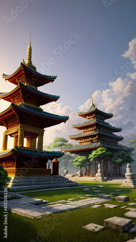 Panoramic temple landscape with scenic park and sky clouds