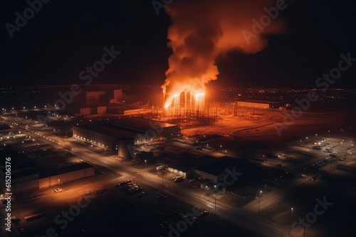 Aerial view of Big explosion and fire on power plant. Generative AI