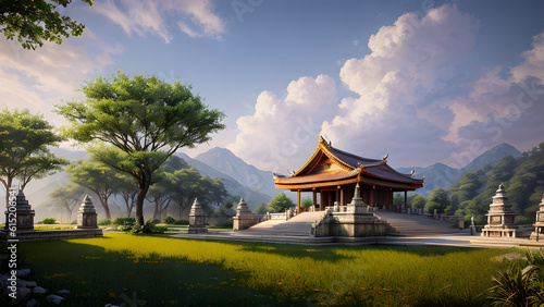 Panoramic temple landscape with scenic park and sky clouds