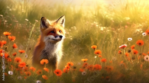 Fox in a field of flowers © TieShine
