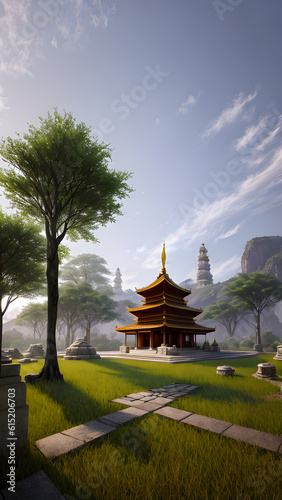Panoramic temple landscape with scenic park and sky clouds