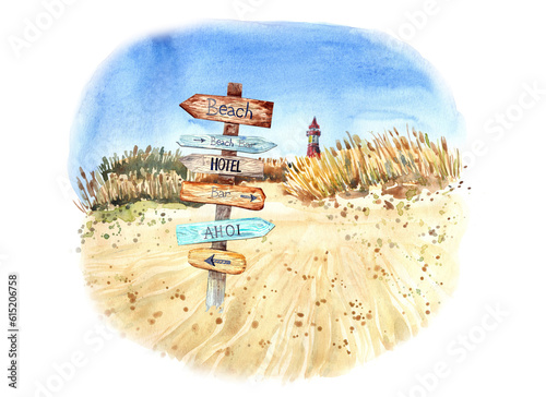 Information signpos on the beach. Blue sky, nice weather. Happy holiday. Stock illustration. Hand painted in watercolor.