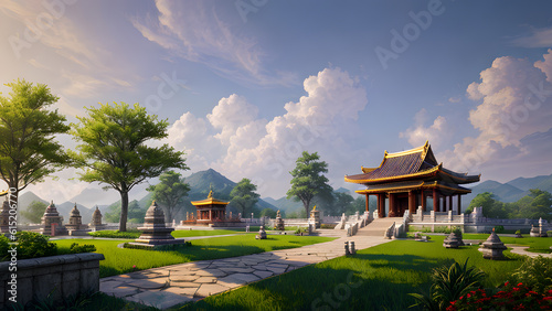 Panoramic temple landscape with scenic park and sky clouds