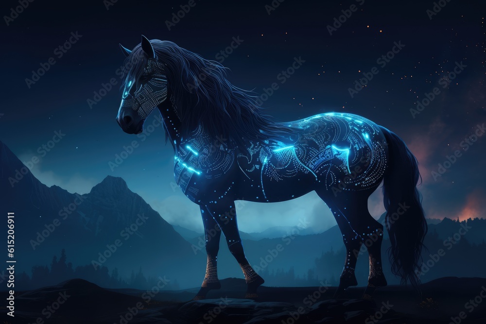 Wild horse in a fantastic and dreamlike setting. Generative AI Wild horse in a fantastic and dreamlike setting. Generative AI