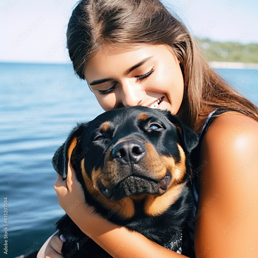 Woman enjoying a summer day at the beach with her rottweiler. Generative AI Woman enjoying a summer day at the beach with her rottweiler. Generative AI
