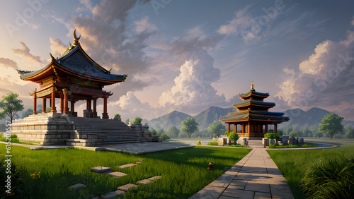 Panoramic temple landscape with scenic park and sky clouds