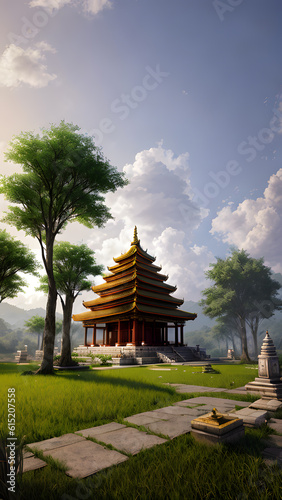 Panoramic temple landscape with scenic park and sky clouds