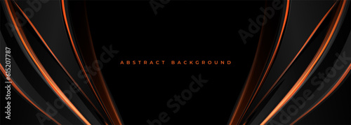 Elegant black and orange wide abstract banner with lines and ribbons. Dark luxury vector background.