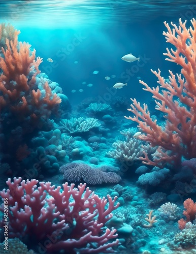 Colorfull coral reef with fishes anemones and beautiful lighting. Created with generative AI.