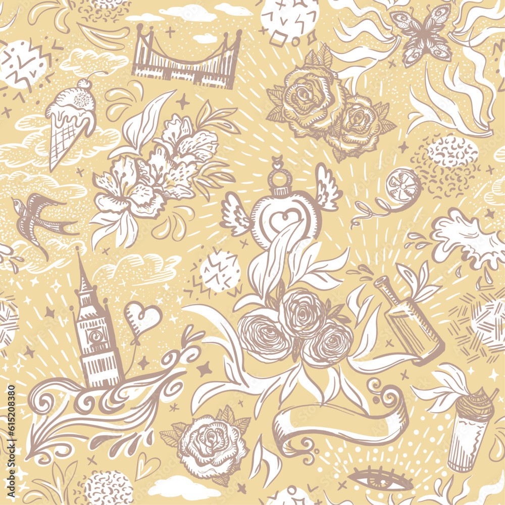 Fototapeta Fashion seamless multi symbol pattern with flowers and desserts