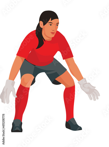 Asian women's football goalkeeper girl stands in front of the goal, legs bent, waiting for the ball