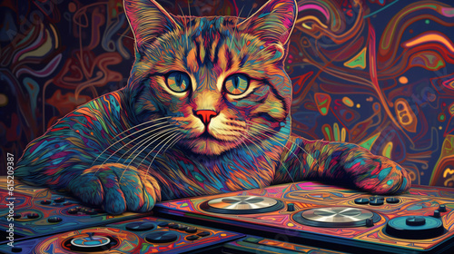 A psychedelic illustration of a cat playing a DJ mixer Generative Ai
