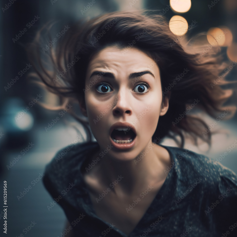 A running woman with an exaggerated scared and surprised look on her ...