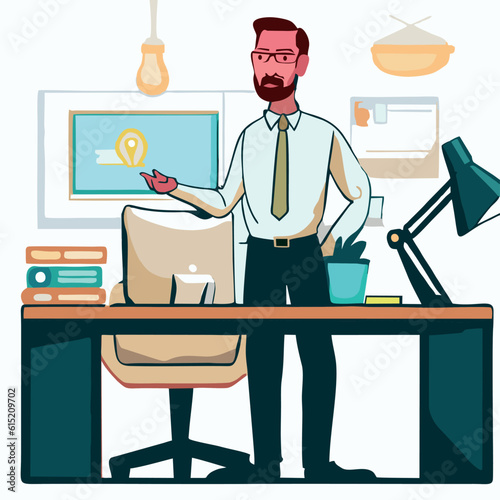 Business concept. The man is standing in the office. Vector illustration.