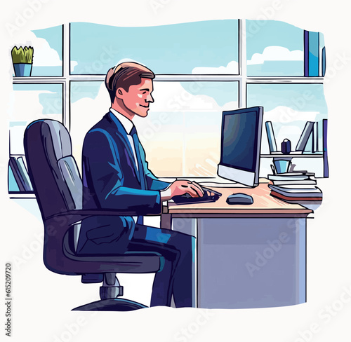 Business concept. The man works on the computer. Vector illustration.