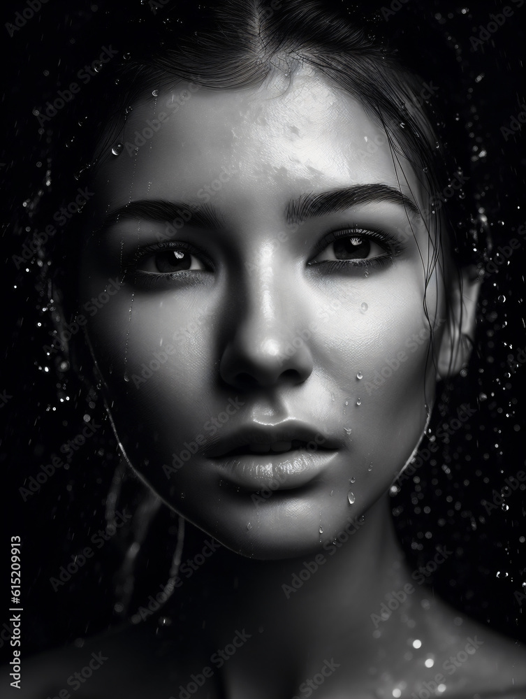 A black and white portrait of a woman with her face wet and covered in droplets and smokey eyes isolated on a black background  Generative Ai