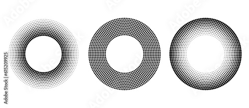 Set of halftone dots in circle form with different gradients.