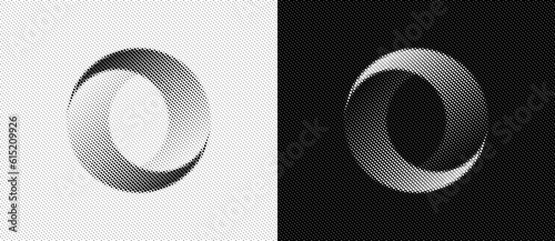Halftone dots in circle abstract background. Yin and yang symbol. Dynamic transition illusion. Black shape on a white background and the same white shape on the black side.