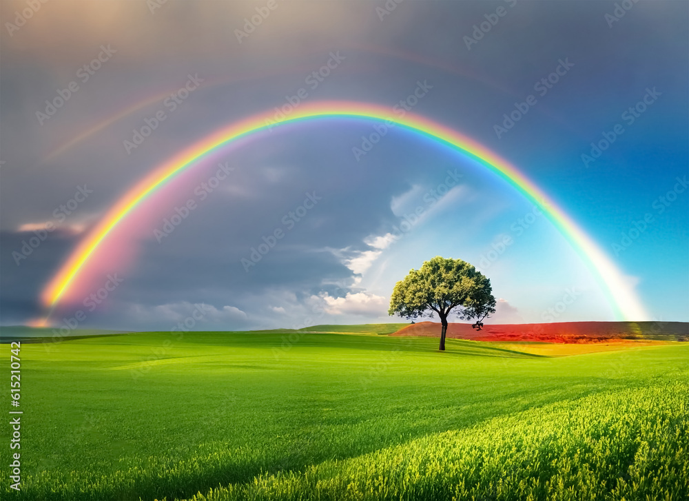 Landscape with green grass field and lone tree amazing rainbow. Generative AI Landscape with green grass field and lone tree amazing rainbow. Generative AI