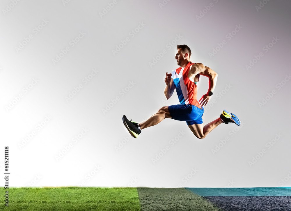 Photo in air caucasian professional male athlete runner training isolated. Generative AI Photo in air caucasian professional male athlete runner training isolated. Generative AI