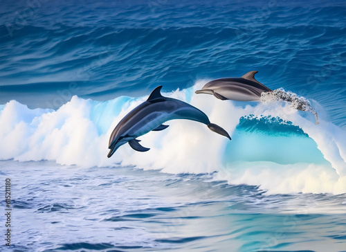 Playful dolphins jumping over breaking waves Hawaii Pacific Ocean wildlife scenery Marine. Generative AI