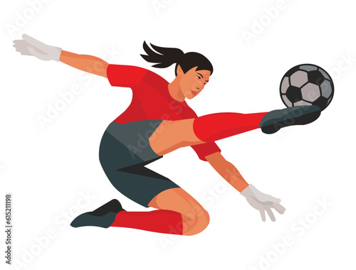 Mongolian women's football girl goalkeeper in red sports uniform kicks the ball with her foot