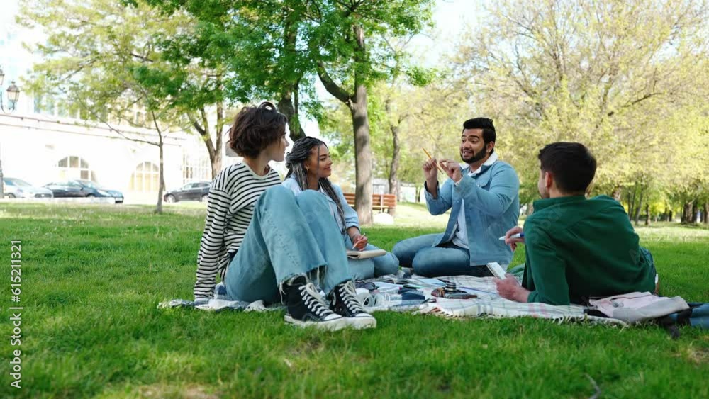 Funny multinational friends learn English in conversation club at picnic in park Funny multinational friends learn English in conversation club at picnic in park