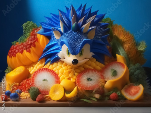 an edible food art of sonic hedgehog made up of fruits and vegetables