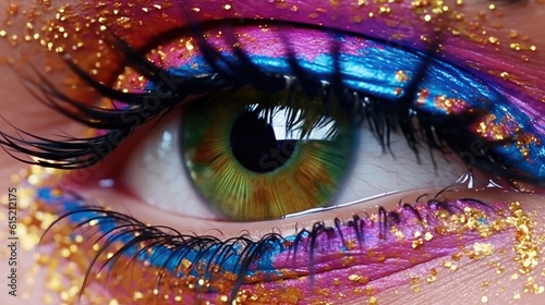 Colorful eye makeup close up, Abstract colorful iris, Long eyelashes and glitter makeup