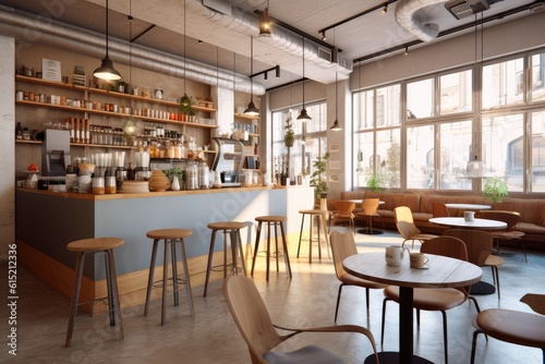 Interior design coffee shop view of modern, Soft tones.