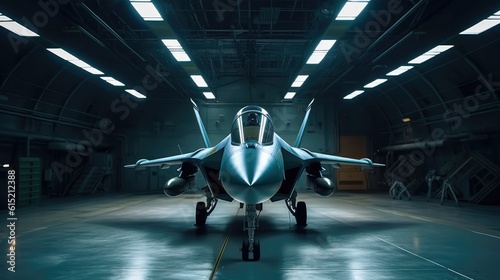 Fighter jet parked inside hangar.