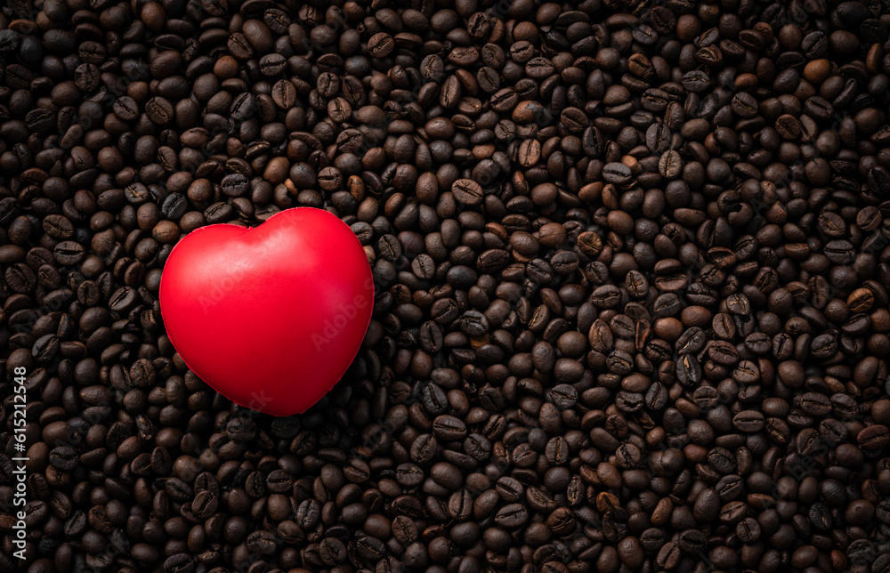 Flat lay image of Coffee beans with red heart shape, Coffee lover concept background
