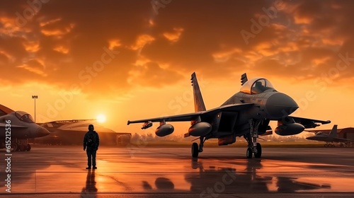 Military jet fighter plane parked in a hangar at sunset.