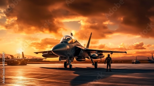 military fighter jet aircraft parked on runway in the base airforce standby ready to take off for military mission at sunset.