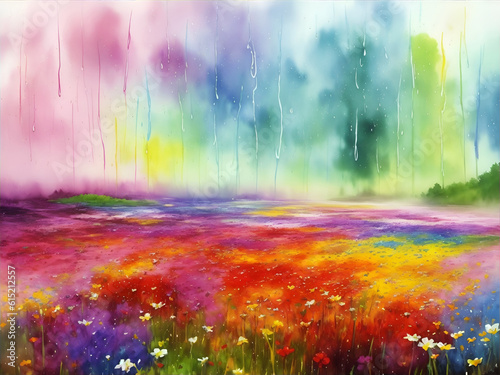 Colorful meadow flowers landscape. AI generated illustration