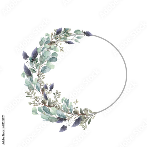 Eucalyptus. Watercolour floral frame with text space. Lettering thank you for your design, for printing cards, greetings, stickers on envelopes.