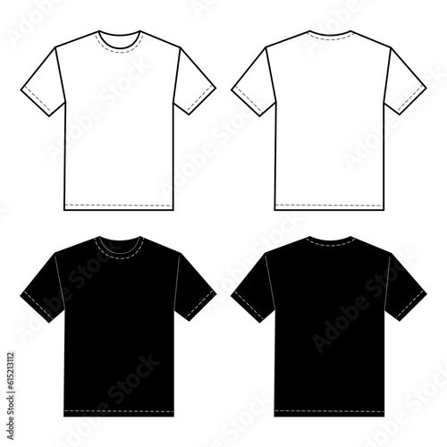 Set of blank white and black t-shirt templates with dotted stitching and front and back view